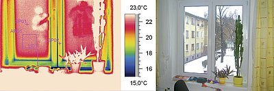 Infrasnímek skla HEAT MIRROR z interiéru – sklo má vysokou povrchovou teplotu – důkaz vynikajících tepelně izolačních vlastností