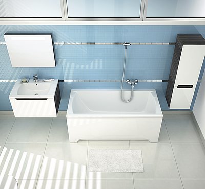 Koncept Classic se skládá z vany, umyvadla, koupelnových skříněk a zrcadla