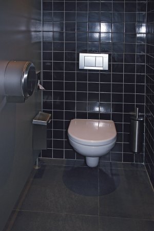 WC s nerezovým košem a zásobníky na toaletní papír a hygienické sáčky
