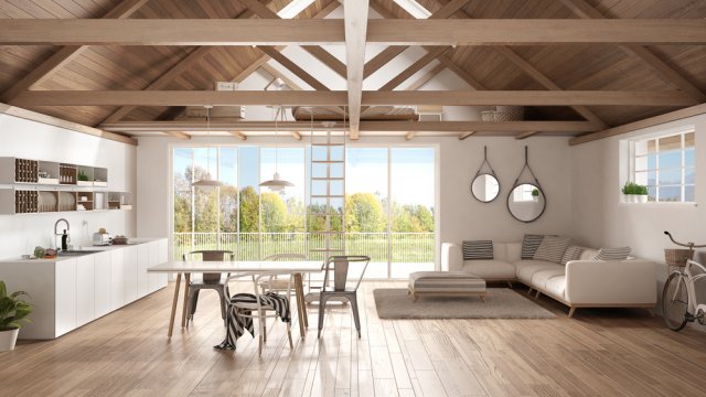 Interiérový prostor s otevřeným krovem a střešními okny dodává prostoru velmi přívětivou atmosféru. Autor: Archi_Viz, Shutterstock