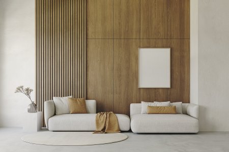 Dřevo nemusí být použito jen na podlahách či ve formě nábytku, ale také na stěnách a stropních obkladech. Foto: Hanna Tsymbaliuk, Shutterstock
