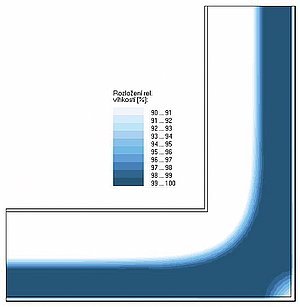 Obr. 10a: Oblast s relativní vlhkostí 90 % v hodnoceném rohovém detailu ve skladbě 1