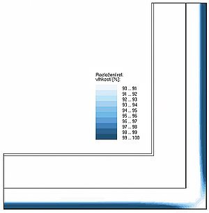 Obr. 10b: Oblast s relativní vlhkostí 90 % v hodnoceném rohovém detailu ve skladbě 3