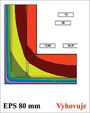 Obrázek č. 2b: Povrchové teploty při zateplení EPS 80 mm