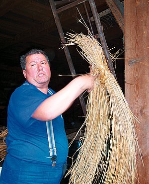 Obr. 3: Polovina svázaného snopu se pootočí vůči druhému o celý kruh. Tím se oba vzniklé svazky snopu velmi vydatně a pevně stáhnou. Vznikl došek. Foto: Helena Hejhálková