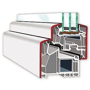 Okenní systém Stavona DYNAMIC – detail geometrie šestikomorového profilu s osazeným tepelně izolačním zasklením