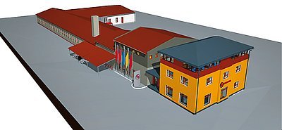 Obr. 7: Počítačová perspektiva nového výrobního areálu společnosti TTK CZ s.r.o. v Dolní Čermné. Dodala Tluka & Partners s.r.o., architektura-design