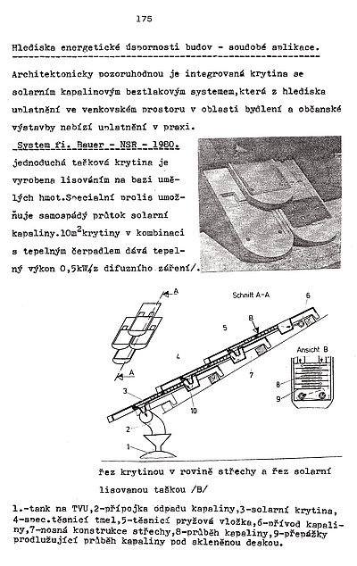 Obr. 2: První solární střešní tašky se objevily již před téměř 30. lety. Velmi propracovaný byl systém plastových střešních tašek s prolisem pro samospádný průtok teplonosné kapaliny firmy Bauer.