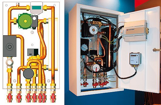 Náčrt bytové předávací stanice Sympatik BJ EQ a umístění stanice ve skutečném provedení (foto z veletrhu Aqua-Therm Praha 2006)