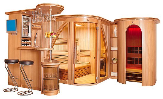 Salusovy lázně se spíše podobají nábytku a zařízení interiéru než saunovací kabině