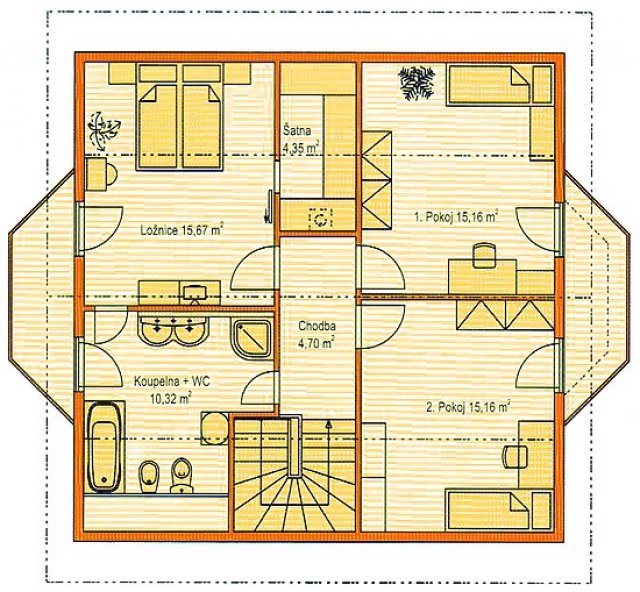 Půdorys domu Helena – dům střední velikosti kategorie s obytným podkrovím určený pro 5–6 člennou rodinu s pěti obytnými místnostmi. Zastavěná plocha 83,2 m2, užitná plocha 134,6 m2, obestavěný prostor 492,8 m2