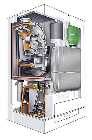 Základní stavební prvky plynového kotle Vitodens 222-W: tepelný výměník Inox-Radial z ušlechtilé oceli, modulovaný válcový hořák MatriX a automatická regulace spalování Lambda Pro Control