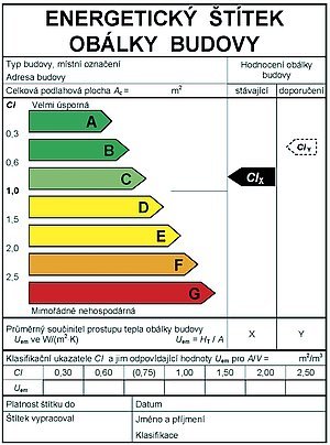 Grafická podoba Energetického štítku obálky budovy. Štítek obálky budovy je vyjadřuje dílčí, ale nejvýznamnější položku v celkovém energetickém hodnocení budovy, které se dokládá souhrnným průkazem a štítkem ENB.