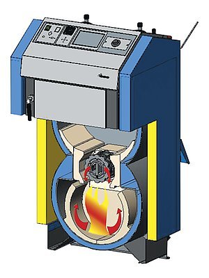 Řez zplynovacím kotlem na dřevěné brikety