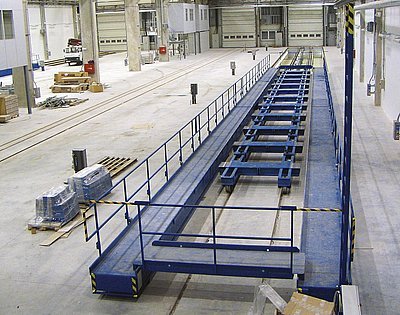 Plošina ZXXH10-3000C slouží jako montážní lávka o délce 36 m s nastavitelnou výškou nad podlahou výrobní haly od 0,5 m do 3,5 m