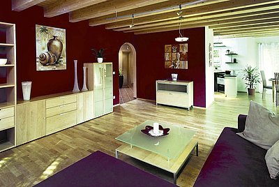 Pohled do interiéru. Otevřené řešení vnitřní dispozice výrazně esteticky dotvářejí dřevěný strop a podlahy