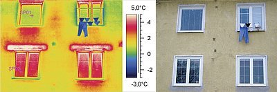 Infrasnímek z exteriéru – nahoře skla HEAT MIRROR, dole běžná skla