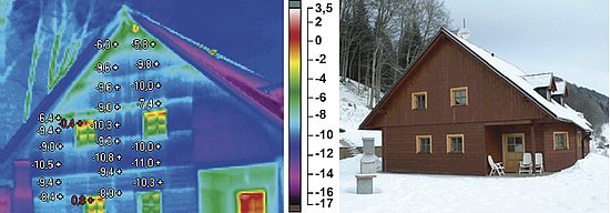 Komentář INFRAMET: (8.3.2010 6:57) Tepelné prostupy jsou patrné v půdním prostoru na rozhraní střešní konstrukce a svislé stěny a místě vetknutí stropní konstrukce nad 1NP. Výrazný tepelný únik přes okna a skleněné výplně.