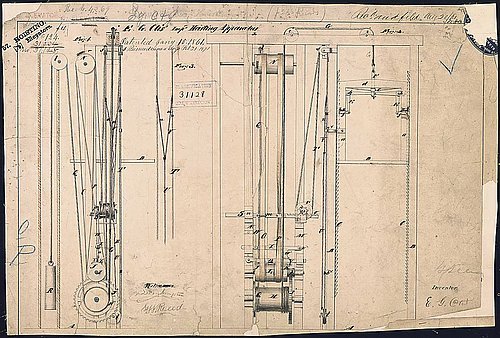 Patentový výkres bezpečného výtahu s pojistkou, která zabraňovala pádu kabiny při
přetržení lana od Elishi Otise z roku 1853. Zdroj wikipedia.com.