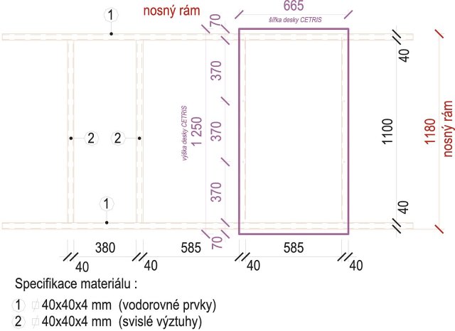 Schéma varianty s deskou CETRIS® 14 mm přikotvenou k rámu