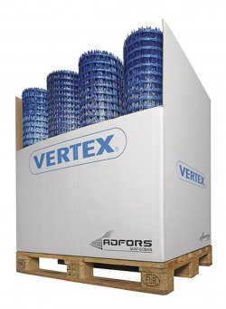 Na jedné paletě je 750 m&sup2; sklovláknité mřížky Vertex®, srovnatelné kari sítě potřebují prostor 2 × 3 m do výšky 5 m a váží skoro 10× více