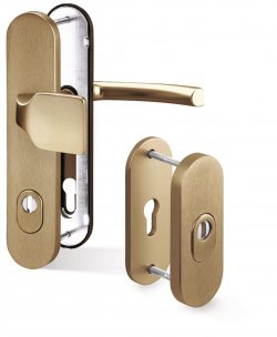 Bezpečnostní kování Viking vhodné pro vchodové dveře s certifikátem bezpečnosti BT3. Speciální konstrukce, zesílený vnější štít, překrytka otvoru pro klíč proti odvrtání vložky
