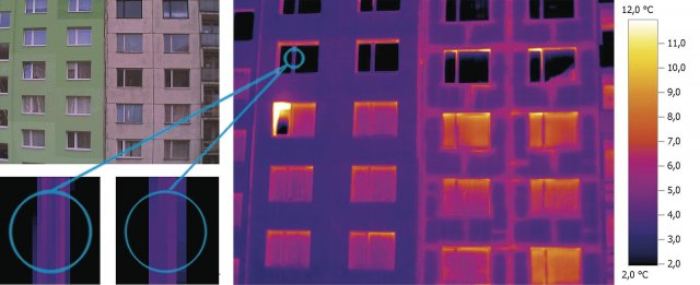 Snímky zateplené a nezateplené části panelového domu, výřez ze snímků jasně dokladuje přínos funkce SuperResolution