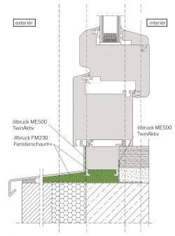 Příklad připojovací spáry vyřešené systémem fólií TwinAktiv a tepelného izolantu (PU pěna)