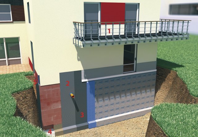 Zde je schematicky prezentovaná její všestrannost:
1 &ndash; hydroizolace pod keramickou dlažbou a obklady, izolace balkónů a teras
2 &ndash; hydroizolace soklů budov
3 &ndash; hydroizolace staveb pod úrovní terénu
4 &ndash; vodorvná hydroizolace pod zdivo
5 &ndash; hydroizolace zdiva, předstěn, zavěšených a provětraných fasád