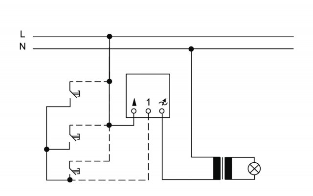 Obr. 6: Zapojení krátkocestného stmívače s možností ovládání z dalších míst