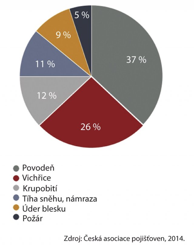 Obr. 1: Podíly pojistného plnění podle typu živelných katastrof v České republice za rok 2014