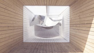 Pohled do výstavního prostoru &ndash; pohled z dřevěné platformy do vybílené galerie