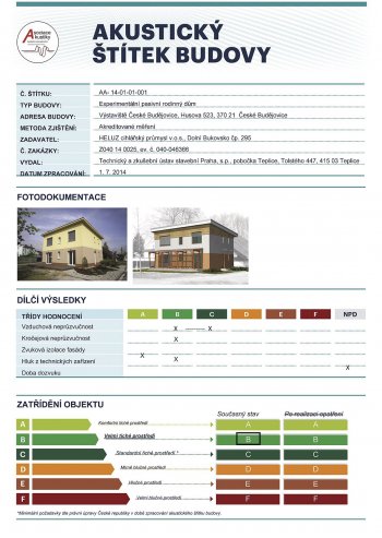 Akustický štítek budovy experimentálního pasivního domu HELUZ TRIUMF s hodnocením B &ndash; velmi tiché prostředí.