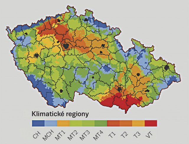 Obr. 1: Klimatické regiony v ČR se dělí do tří základních oblastí &ndash; chladná (CH), mírně teplá (MT),
teplá (T). Zdroj: www.nitrat.cz.