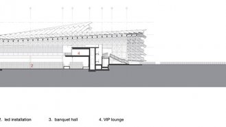 <b>Podélný řez</b><br>1 plošina s panoramatickým výhledem<br>2 LED exhibice<br>3 recepce<br>4 VIP lounge