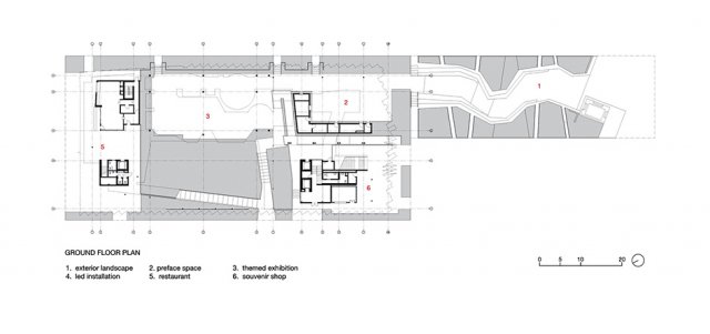 Půdorys přízemí1. venkovní prostor2. vstup3. tématická exhibice4. LED exhibice
5. restaurace6. obchod se suvenýry