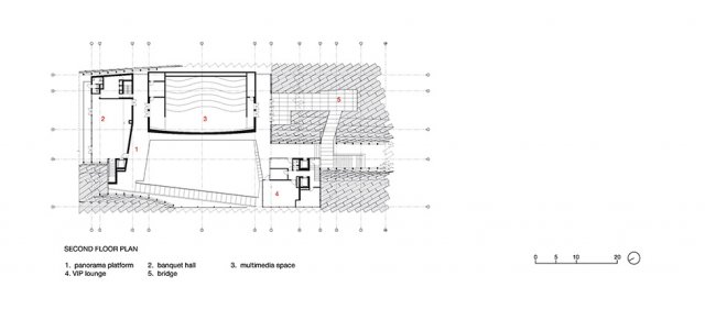 Druhé podlaží1. plošina s panoramatickým výhledem2. recepce3. multimediální prostor
4. VIP lounge5. lávka