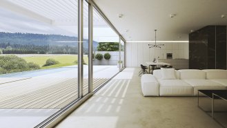 Velké prosklené plochy jsou důležitým dekoračním prvkem interiéru