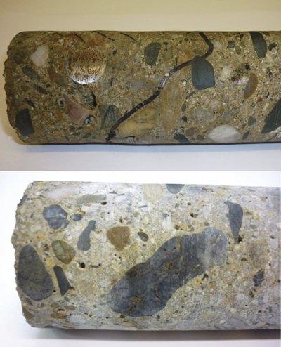 Vzorek kontaminovaného (nahoře) a nekontaminovaného betonu (dole)