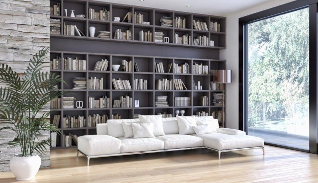 Olemujte stěnu obývacího pokoje příběhy. Domácí knihovna se hodí jak do větších, tak menších pokojů (Foto: 3DPhoto, Shutterstock)
