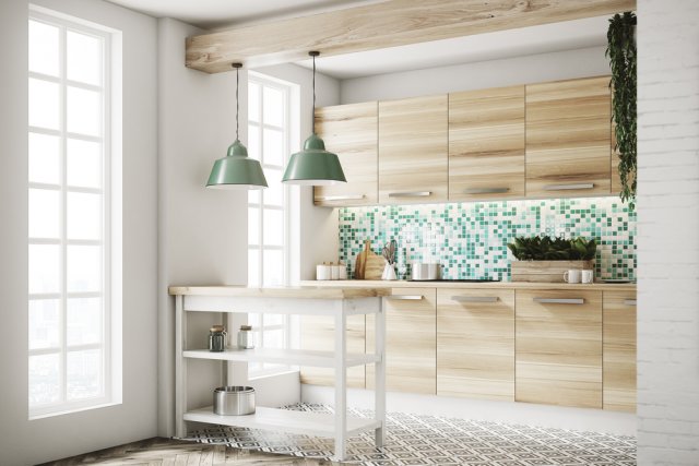 Kombinujte a kombinujte: obkladačky různých vzorů i barev (mozaika u kuchyňské linky, vzorovaná dlažba na podlahu), dlaždice s jinými materiály (na obrázku se dřevem) prozáří Váš interiér. (autor: ImageFlow, Shutterstock)
