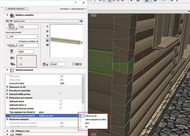 Obr. 3: Modelace roubení ve 3D prostoru, úprava zhlaví trámu