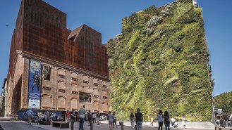 Pohled na fasádu kulturního centra CaixaForum ve španělském Madridu. Je vertikálně osázena rostlinstvem, jehož podobu a složení navrhl botanik Patrick Blanc (foto JJFarq, Shutterstock)
