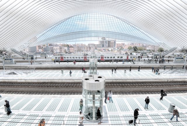 Nádraží v belgickém Lutychu připomíná zepředu ptáka, shora zase rybu. Fasáda této stavby je netradiční a stírá hranice mezi interiérem a exteriérem. foto: Lukas Bischoff Photograph