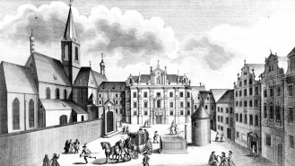Historická ilustrace Mariánského náměstí, datováno do období cca 16. století.