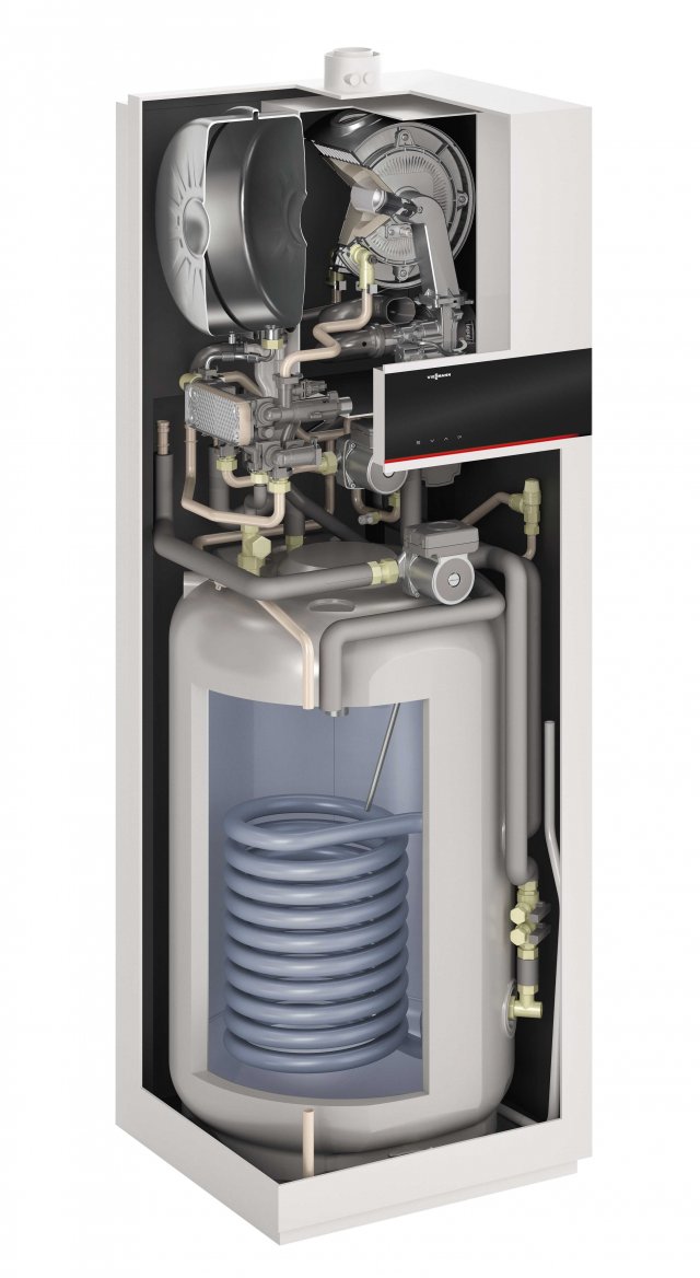 Plynový kondenzační kompaktní kotel Vitodens 242—F s integrovaným nabíjecím zásobníkem o objemu 170 litrů a solárním tepelným výměníkem nabízí jmenovitý tepelný výkon 1,9 – 26 kW. Patří do nové generace inteligentních energetických centrál.