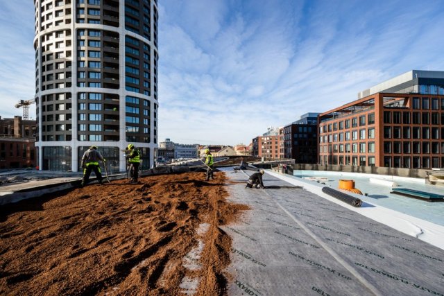 Na rozvinutou hydroakumulační a drenážní fólii DELTA®-FLORAXX TOP byl aplikován střešní substrát.