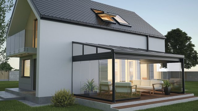 Zasklená terasa propojená s interiérem domu může pomoci akumulovat solární tepelné zisky,
kterými lze za slunných zimních dní dům vytápět. V létě by však měl být tento skleník opatřen
stínicí technikou. Foto: Studio Harmony