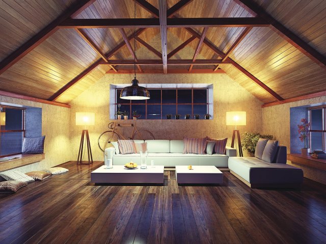 Na moderních dřevostavbách se šikmou střechou se často uplatňuje střecha pokrytá dlouhými
dřevěnými prkny, jež tvoří vnitřní pohledovou vrstvu střechy. Zdroj: Zastolskiy Victor