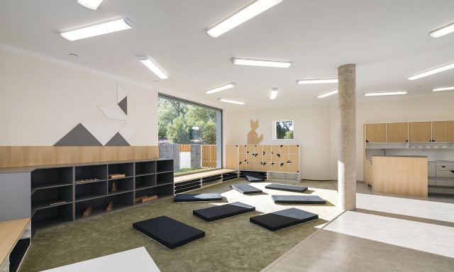 Podle zásad montessori vzdělávacího systému je navržen nejen interiér a jeho vybavení, ale
také budova v Klecanech. Zdroj: Studio Flusser, www.studioflusser.com